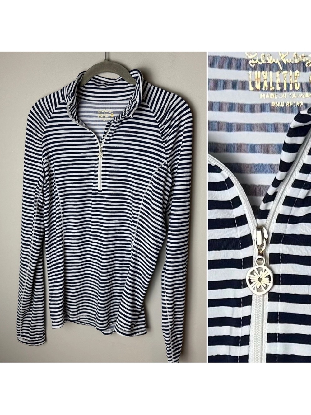 Lilly Pulitzer Luxletic 1/4 Zip Pullover Top Size Medium Navy White Stripes